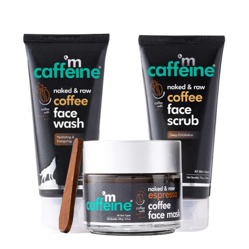 mCaffeine Espresso Deep Exfoliation Kit with Hyaluronic Acid, Natural AHA, Walnut | Face Wash, Face Scrub, Face Mask | All Skin Types | Cruelty Free & Vegan