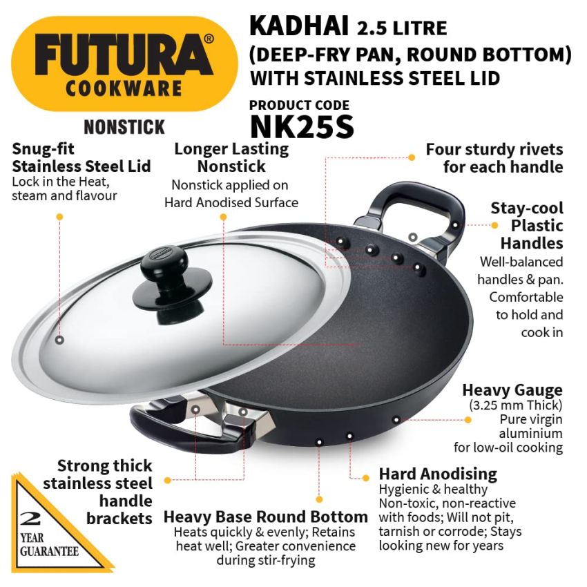Hawkins Futura Non Stick Fry Pan 26cm, and Kadhai Deep-Fry Pan, 2.5 Litre with lid, Set of 2