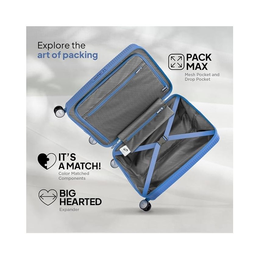 American Tourister Trolley Bag for Travel | CURIO Spinner 67 Cms Polypropylene Expandable Hardsided Medium Check-in Luggage Bag | Suitcase for Travel | Trolley Bag for Travelling, Denim Blue