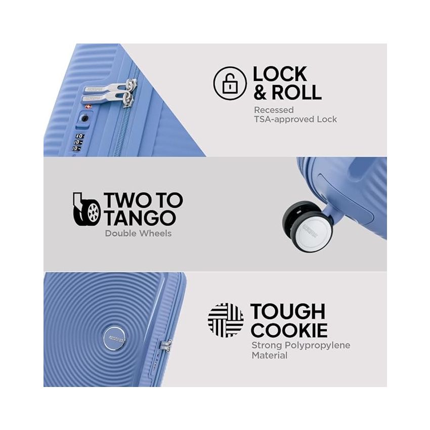 American Tourister Trolley Bag for Travel | CURIO Spinner 67 Cms Polypropylene Expandable Hardsided Medium Check-in Luggage Bag | Suitcase for Travel | Trolley Bag for Travelling, Denim Blue