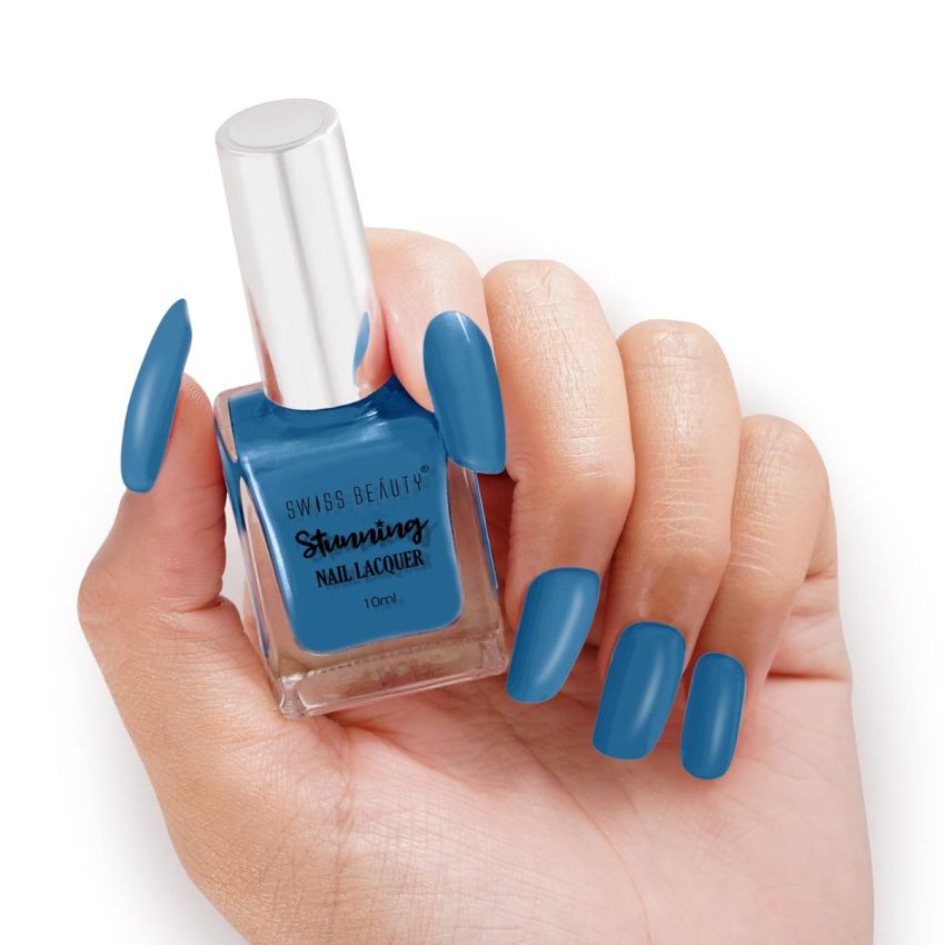 Swiss Beauty Stunning Nail Lacquer | Chip Resistant, Quick drying nail paint | Highly Pigmented with high shine Nail polish | Shade - Denim Blue, 10gm