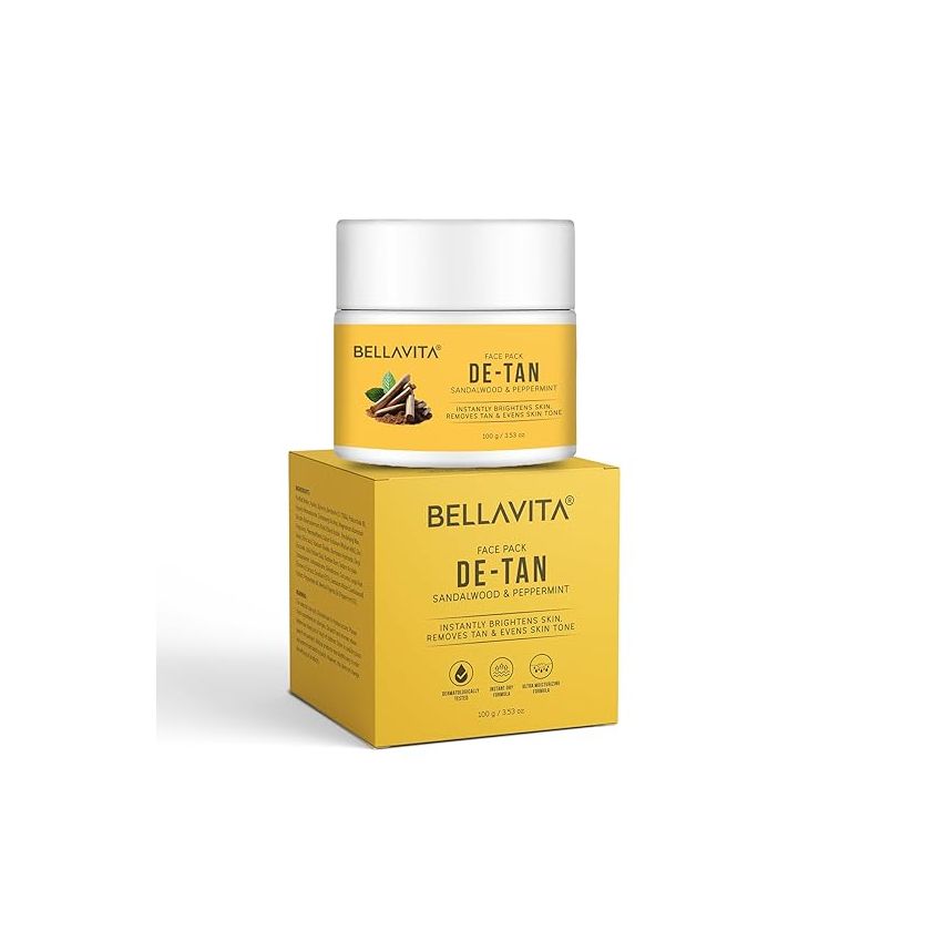 BELLAVITA De-Tan Face Pack | Enriched with Multani Mitti, Kaolin Clay, Yellow Clay & Sandalwood | Removes Tan, Brightens & Evens Skin Tone | For All Skin Types | Dermatologically Tested | 100 g