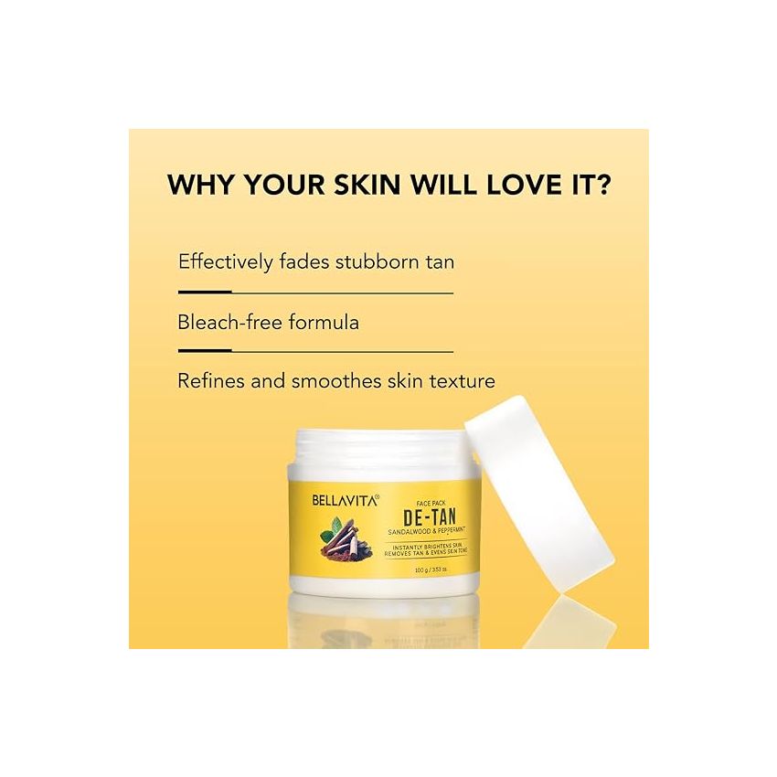 BELLAVITA De-Tan Face Pack | Enriched with Multani Mitti, Kaolin Clay, Yellow Clay & Sandalwood | Removes Tan, Brightens & Evens Skin Tone | For All Skin Types | Dermatologically Tested | 100 g