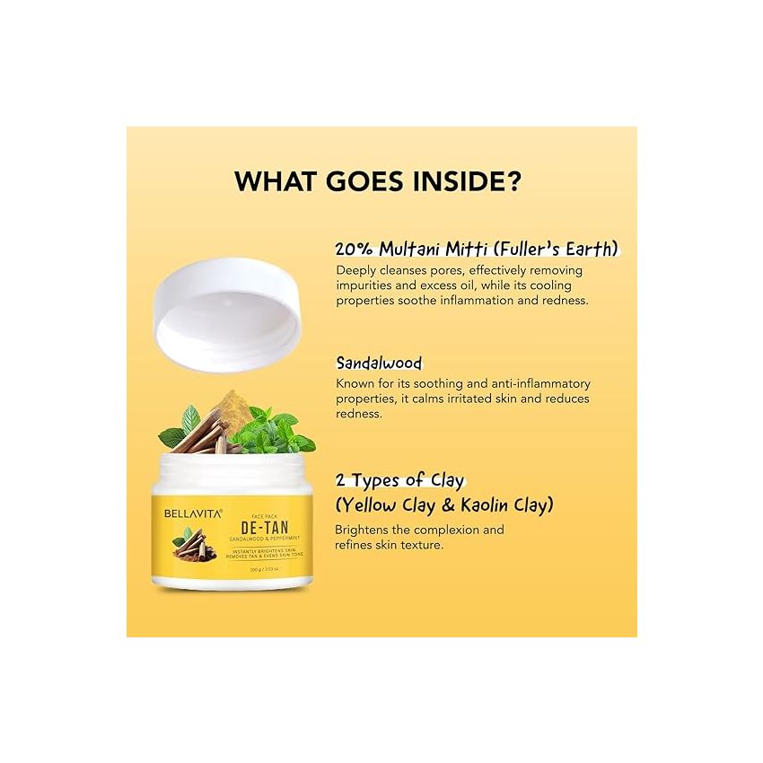 BELLAVITA De-Tan Face Pack | Enriched with Multani Mitti, Kaolin Clay, Yellow Clay & Sandalwood | Removes Tan, Brightens & Evens Skin Tone | For All Skin Types | Dermatologically Tested | 100 g