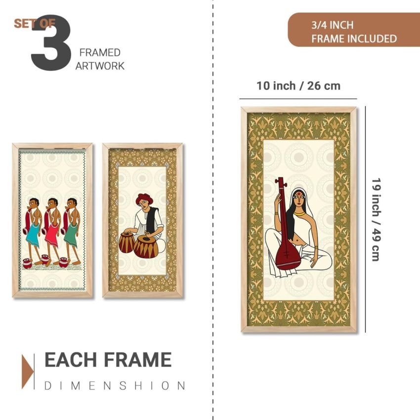 kotart - Madhubani Art Painting with Frame for Living Room office |Traditional Indian Art Pichwai Wall Décor Paintings | Painting for wall Decoration set of 3 (10X19 INCH, E)