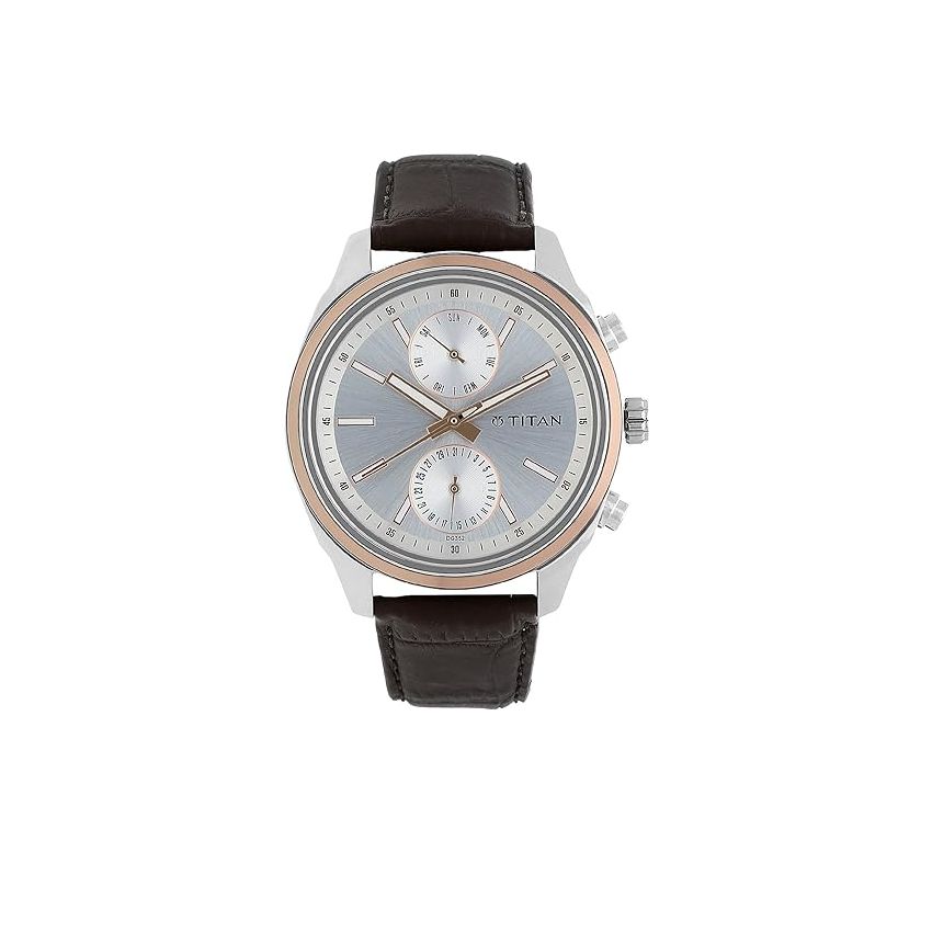 Titan Quartz Multifunction Silver Dial Leather Strap Watch for Men-NS1733KL02/NT1733KL02