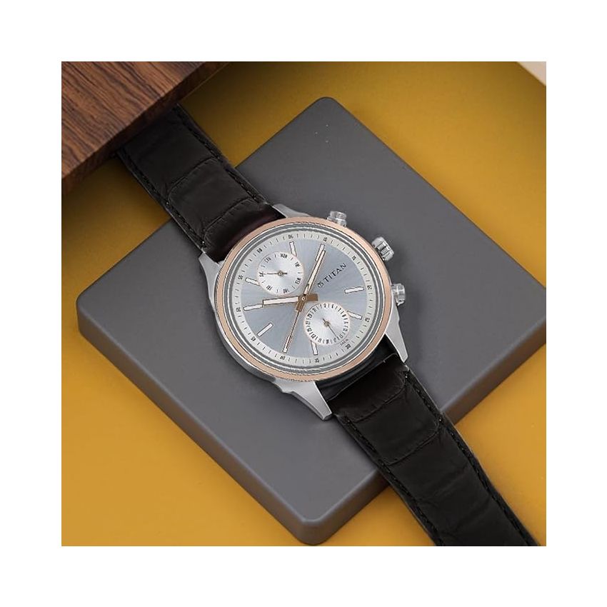 Titan Quartz Multifunction Silver Dial Leather Strap Watch for Men-NS1733KL02/NT1733KL02