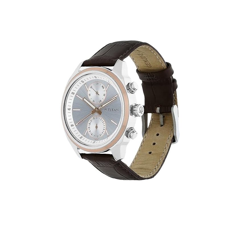 Titan Quartz Multifunction Silver Dial Leather Strap Watch for Men-NS1733KL02/NT1733KL02
