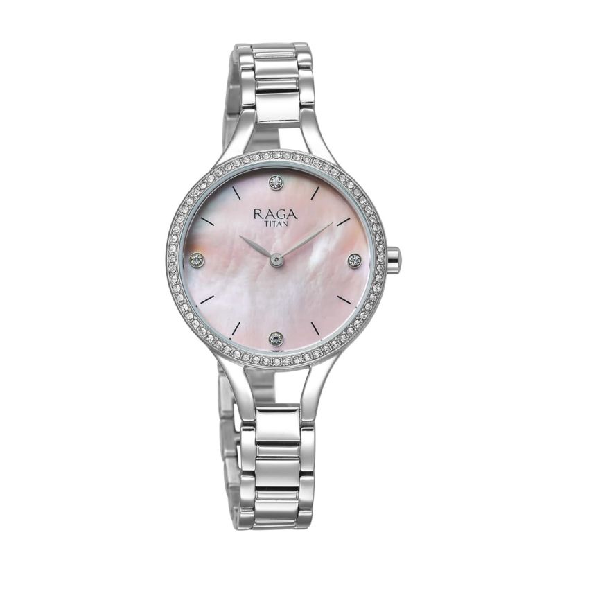 Titan Raga Showstopper Quartz Analog Mother of Pearl Dial Metal Strap Watch for Women-95275SM01/NT95275SM01