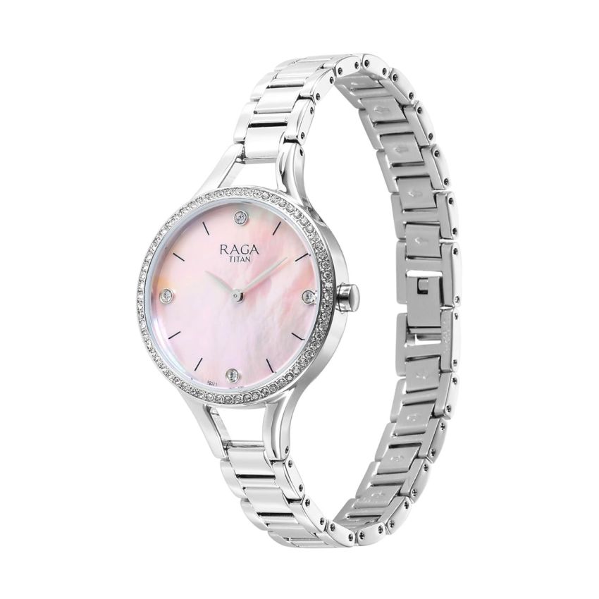 Titan Raga Showstopper Quartz Analog Mother of Pearl Dial Metal Strap Watch for Women-95275SM01/NT95275SM01