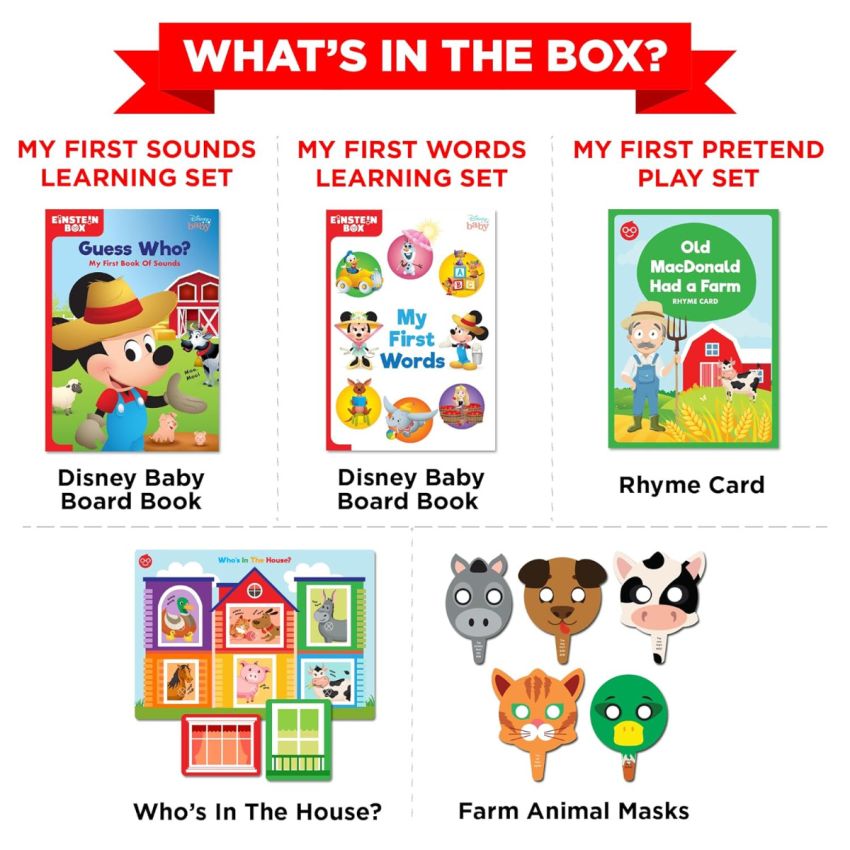 Einstein Box Featuring Disney Birthday Gift Set for 2 Year Old Boys and Girls | Disney Gift Toys for 2-Year-Old Kids | Board Books and Fun Games | Learning and Educational Toys and Games |