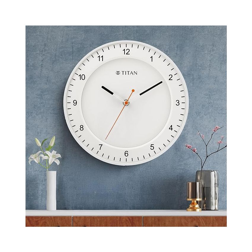 Titan Contemporary Wall Clock with Domed Glass and Silent Sweep - Analog, 27 Cm, 3.81 Cm, White