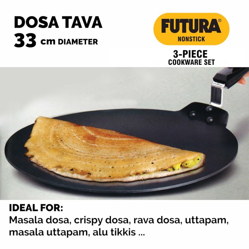 Hawkins Futura 3 Pieces Cookware Set 7 - Non Stick Dosa Tava, Frying Pan, Kadhai and Two Stainless Steel Lids, Black (NSET7)
