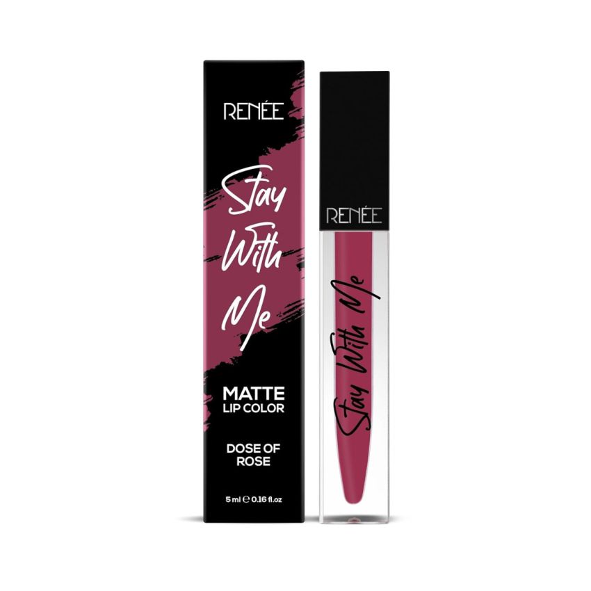 RENEE Stay With Me Matte Lip Color - Dose Of Rose 5ml| Long lasting, Light Weight & Non Transfer Formula| Water & Smudge Proof