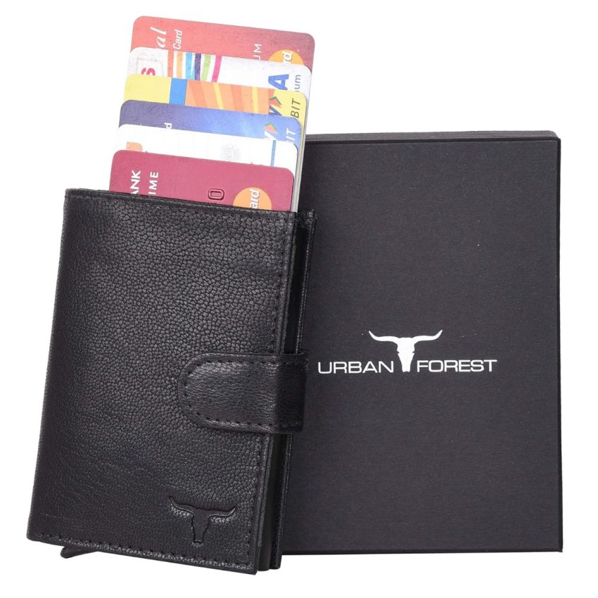 URBAN FOREST Leather Drake Black Metal Card Holder Wallet For Men