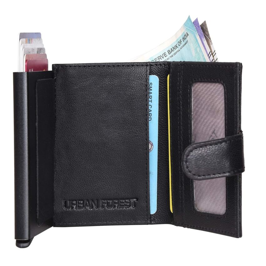 URBAN FOREST Leather Drake Black Metal Card Holder Wallet For Men