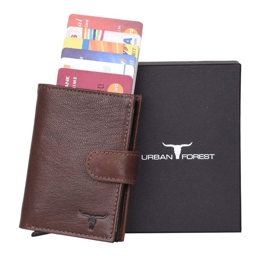 URBAN FOREST Leather Drake Brown Metal Card Holder Wallet For Men