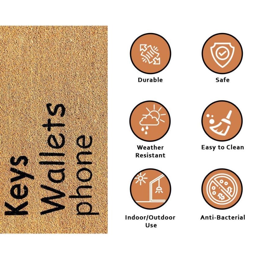 nlymat Key Wallets Phone Printed Anti-Slip Doormat (Black and Brown) Rectangular Shaped Entryway Rug Natural Coir Material with PVC Backing for Outdoor Entrance Home Multipurpose Mats Floor Door Hall Drawing Room Living Room (75cm x 45cm)