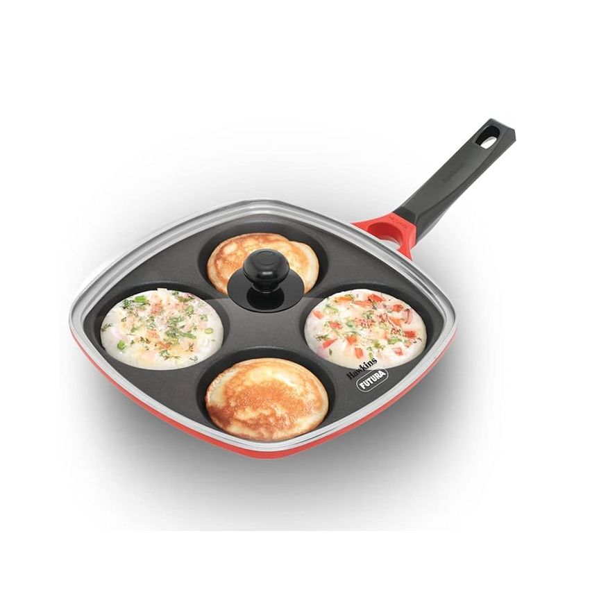 Hawkins 30 cm Die-Cast Multi Snack Pan with Glass Lid, Nonstick Mini Uttapam Tawa, Pancake Pan, Red (DCMS30G)