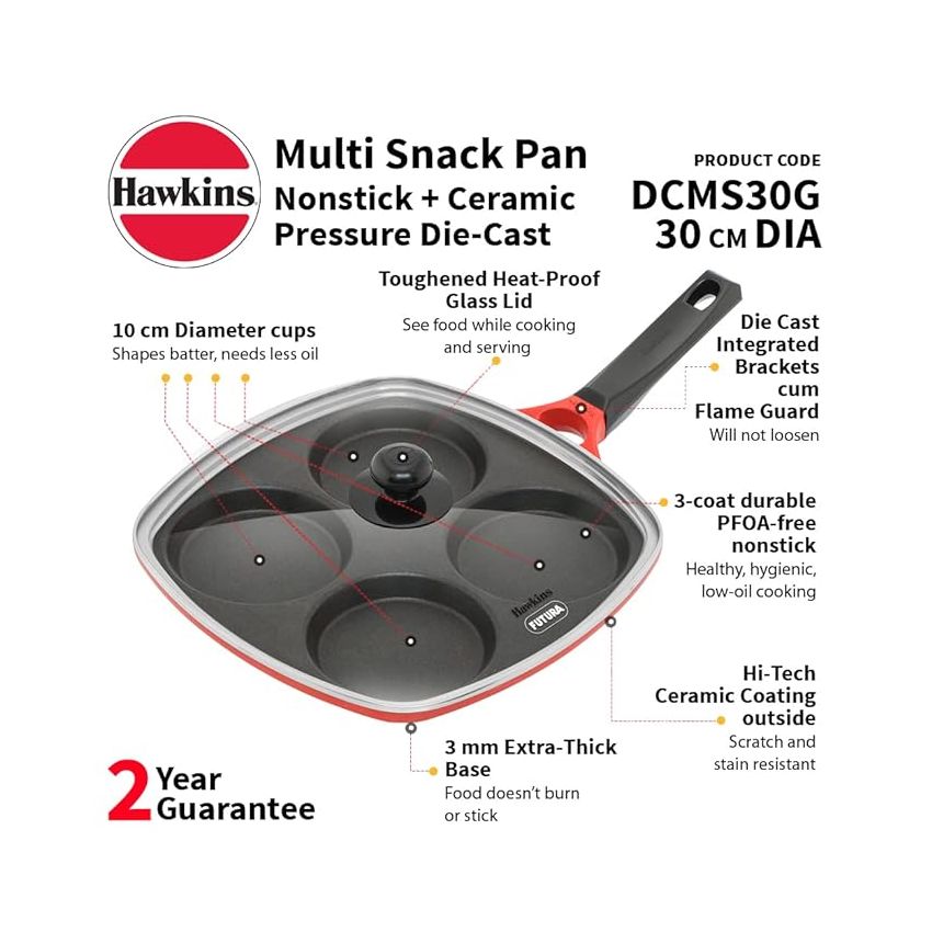 Hawkins 30 cm Die-Cast Multi Snack Pan with Glass Lid, Nonstick Mini Uttapam Tawa, Pancake Pan, Red (DCMS30G)