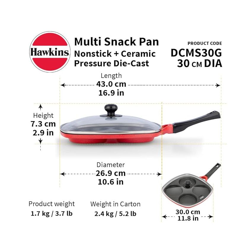 Hawkins 30 cm Die-Cast Multi Snack Pan with Glass Lid, Nonstick Mini Uttapam Tawa, Pancake Pan, Red (DCMS30G)