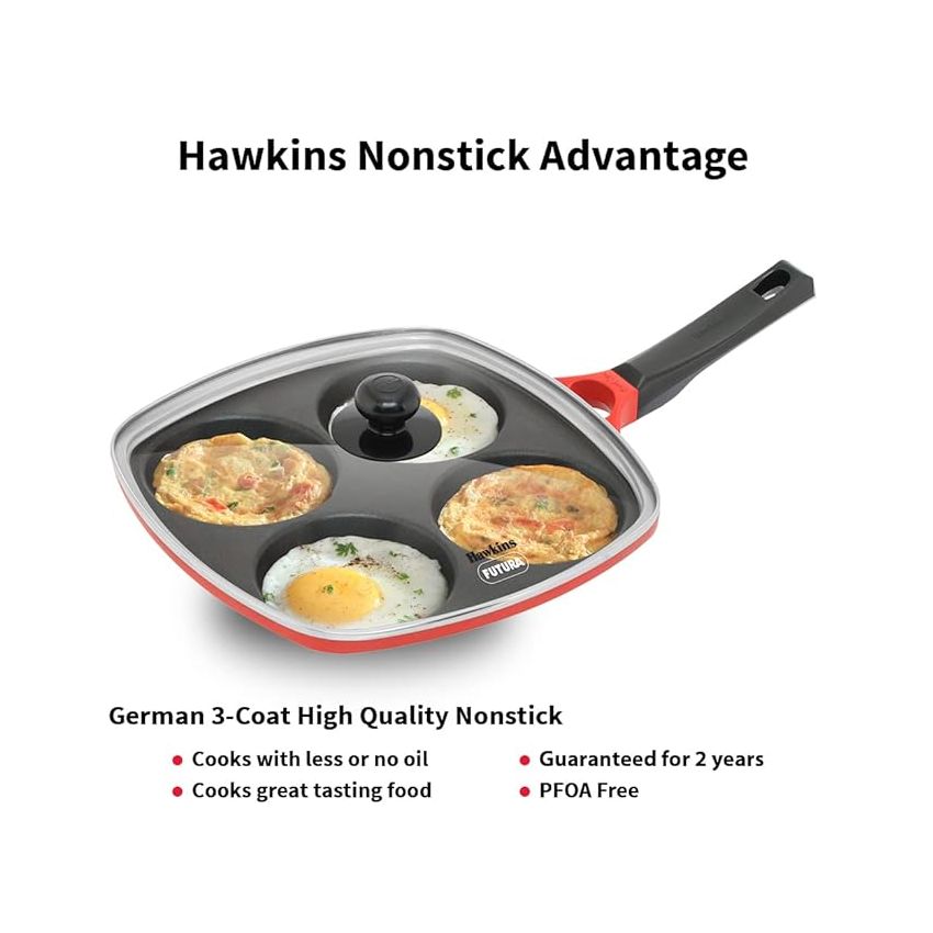 Hawkins 30 cm Die-Cast Multi Snack Pan with Glass Lid, Nonstick Mini Uttapam Tawa, Pancake Pan, Red (DCMS30G)