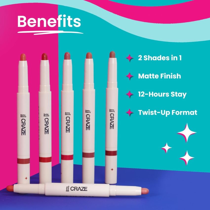 Swiss Beauty Craze Duo Non transferable Lipstick | 2-in-1 Long lasting Lip Colours with Satin Matte Finish | Shade- Peach Me Pink, 2g
