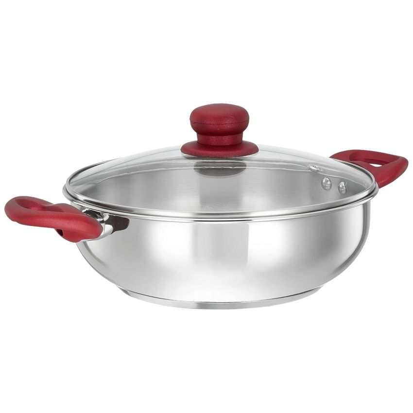 Amazon Brand - Solimo Stainless Heavy Bottom Steel Kadai with Glass lid |Three Layer Impact Forged Bottom for Durability | Premium Look with Soft Touch Handles and Knob