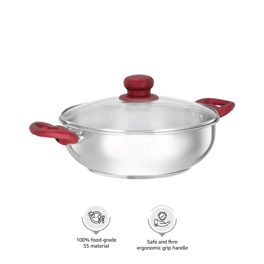 Amazon Brand - Solimo Stainless Heavy Bottom Steel Kadai with Glass lid |Three Layer Impact Forged Bottom for Durability | Premium Look with Soft Touch Handles and Knob