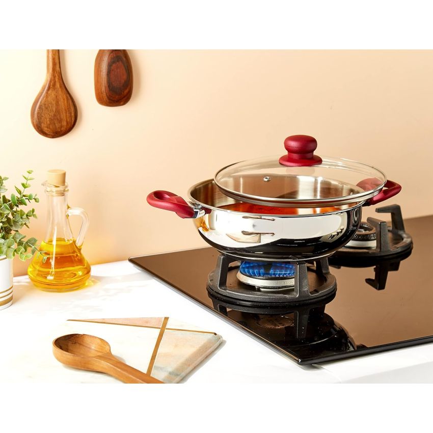 Amazon Brand - Solimo Stainless Heavy Bottom Steel Kadai with Glass lid |Three Layer Impact Forged Bottom for Durability | Premium Look with Soft Touch Handles and Knob