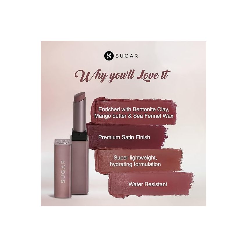 SUGAR Cosmetics Mettle Satin Lipstick | Highly Pigmented & Silky Matte Finish | Creamy Texture | Mango Butter Infused | 2.2 gm - 07 Gabriella (Soft Dusty Nude/Nude Pink)