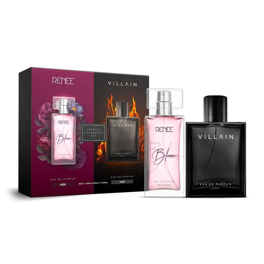 RENEE x VILLAIN Him & Her Premium Eau De Parfum Gift Set 50 ml + 100 ml| Long Lasting Luxurious Perfume Combo for Men & Women| Scent for All Occasions