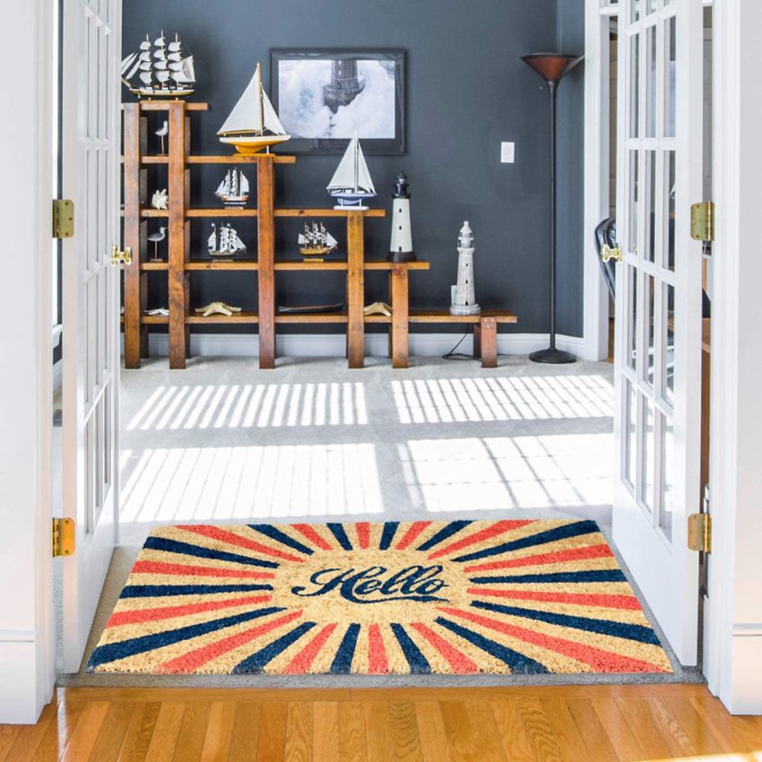 Onlymat Hello Coir Doormat, Multi-Colour, Hard, Eco-Friendly, Thick Material Rug with PVC Backing for Entrance (45 x 75 cm)