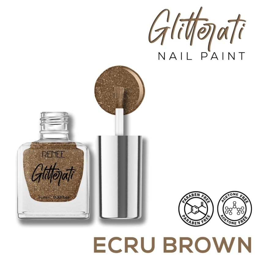 RENEE Glitterati Nail Paint - Ecru Brown 10ml | Quick Drying, Glittery Finish, Long Lasting, Chip resisting Formula with High Glitter & Full Coverage | Acetone & Paraben Free