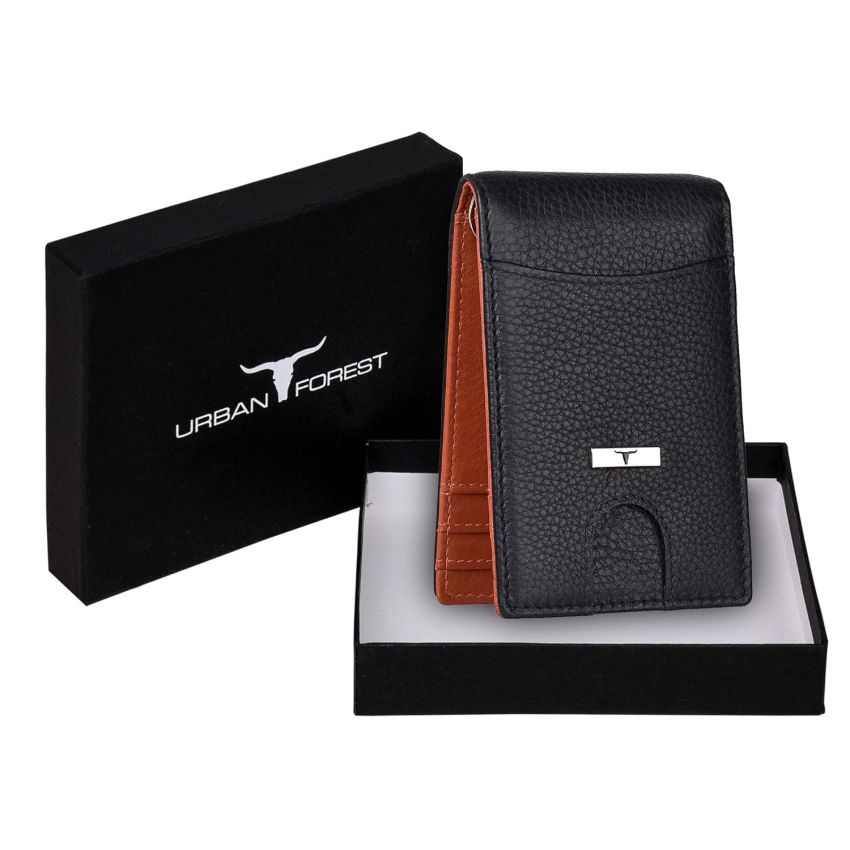 URBAN FOREST Eddy Black/Orange Money Clip Leather Wallet for Men - Minimal Leather Wallet for Men