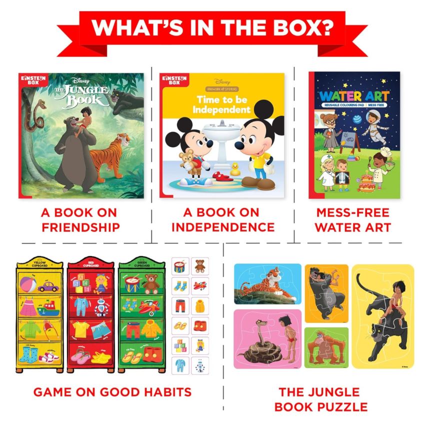 Einstein Box Featuring Disney for 3-Year Old Boys & Girls | Educational Disney Toys/Gifts for 3 Year Old Kids | Board Books and Fun Games Gift Pack | Learning and Educational Gift of Toys and Games |
