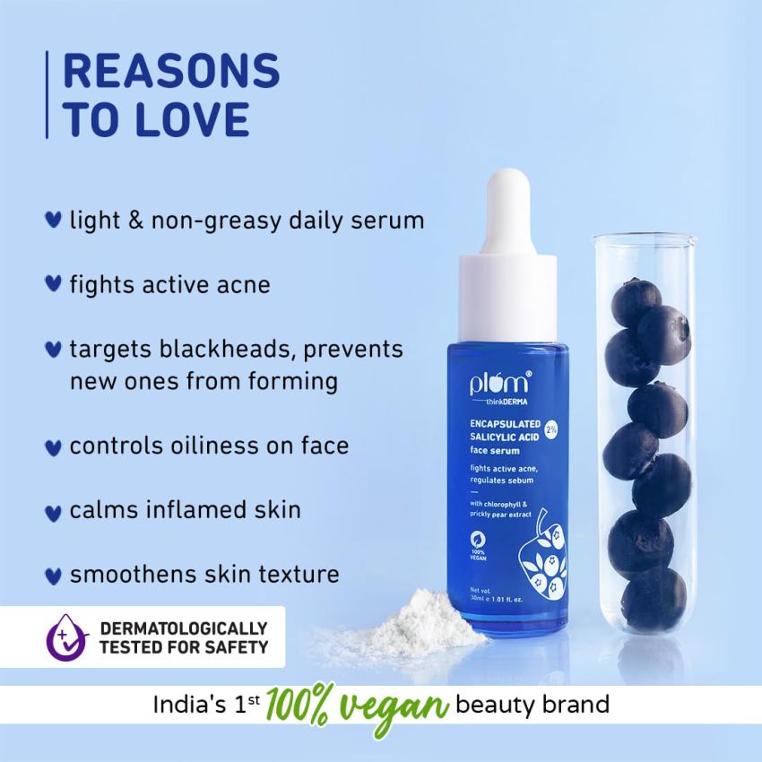 Plum 2% Encapsulated Salicylic Acid Face Serum | Fights Active Acne, Controls Oil & Soothes Inflammation | Lightweight & Quick-Absorbing Serum for Face | for All Skin Types | for Women & Men | 30ml