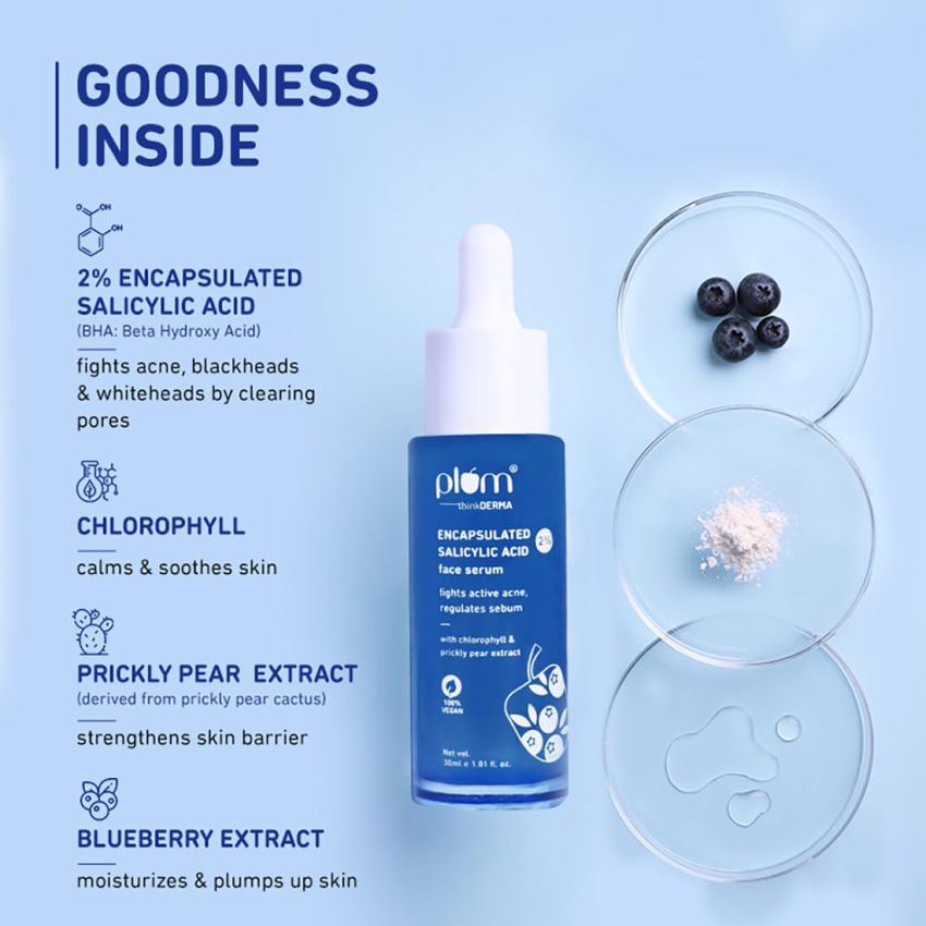 Plum 2% Encapsulated Salicylic Acid Face Serum | Fights Active Acne, Controls Oil & Soothes Inflammation | Lightweight & Quick-Absorbing Serum for Face | for All Skin Types | for Women & Men | 30ml