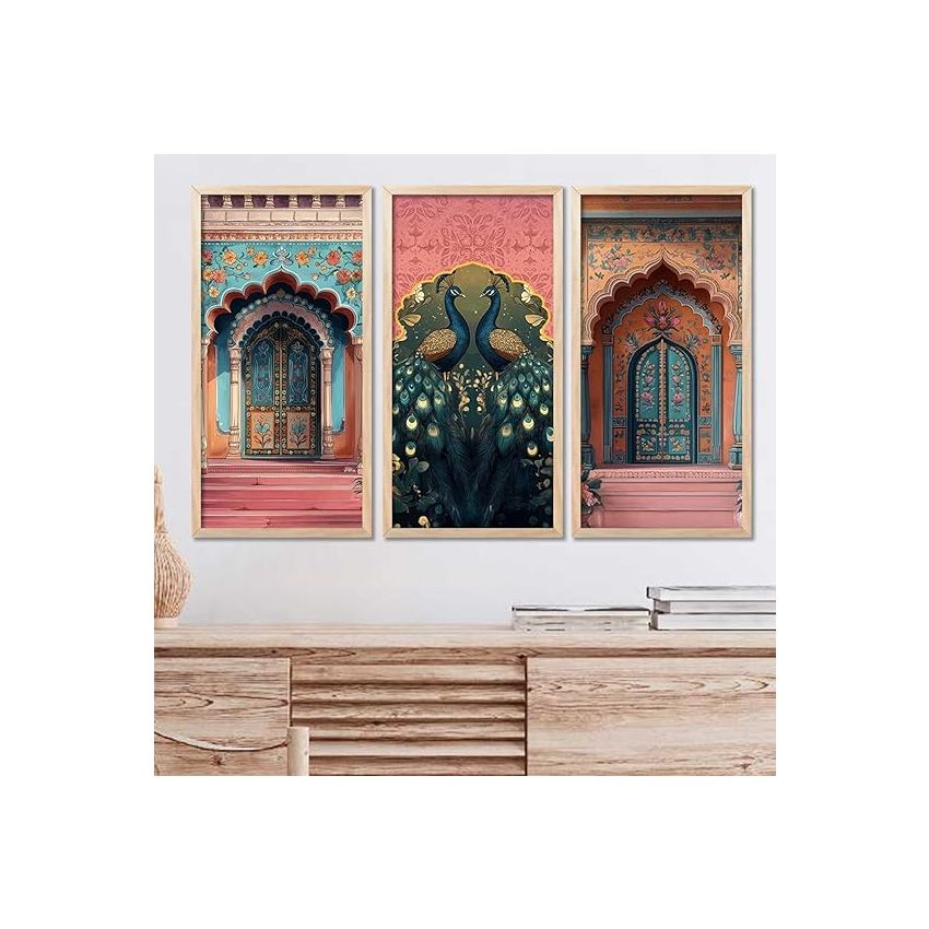 kotart Indian Madhubani Wall Decoration Traditional Art With Frame For Living Room Bed Room Hotel Wall Decor Digital Reprint Engineered Wood Set Of 3 (Art 3, (10X19 inch), Framed)