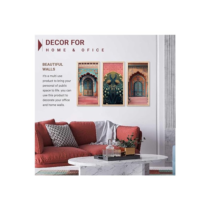 kotart Indian Madhubani Wall Decoration Traditional Art With Frame For Living Room Bed Room Hotel Wall Decor Digital Reprint Engineered Wood Set Of 3 (Art 3, (10X19 inch), Framed)