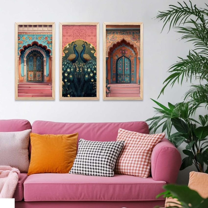 kotart Indian Madhubani Wall Decoration Traditional Art With Frame For Living Room Bed Room Hotel Wall Decor Digital Reprint Engineered Wood Set Of 3 (Art 3, (10X19 inch), Framed)