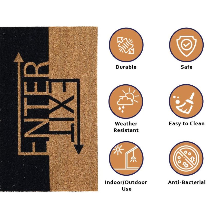 Onlymat Enter Exit Printed Anti-Slip Doormat (Black and Brown) Rectangular Shaped Entryway Rug Natural Coir Material with PVC Backing for Outdoor Entrance Home Multipurpose Mats (75cm x 45cm)