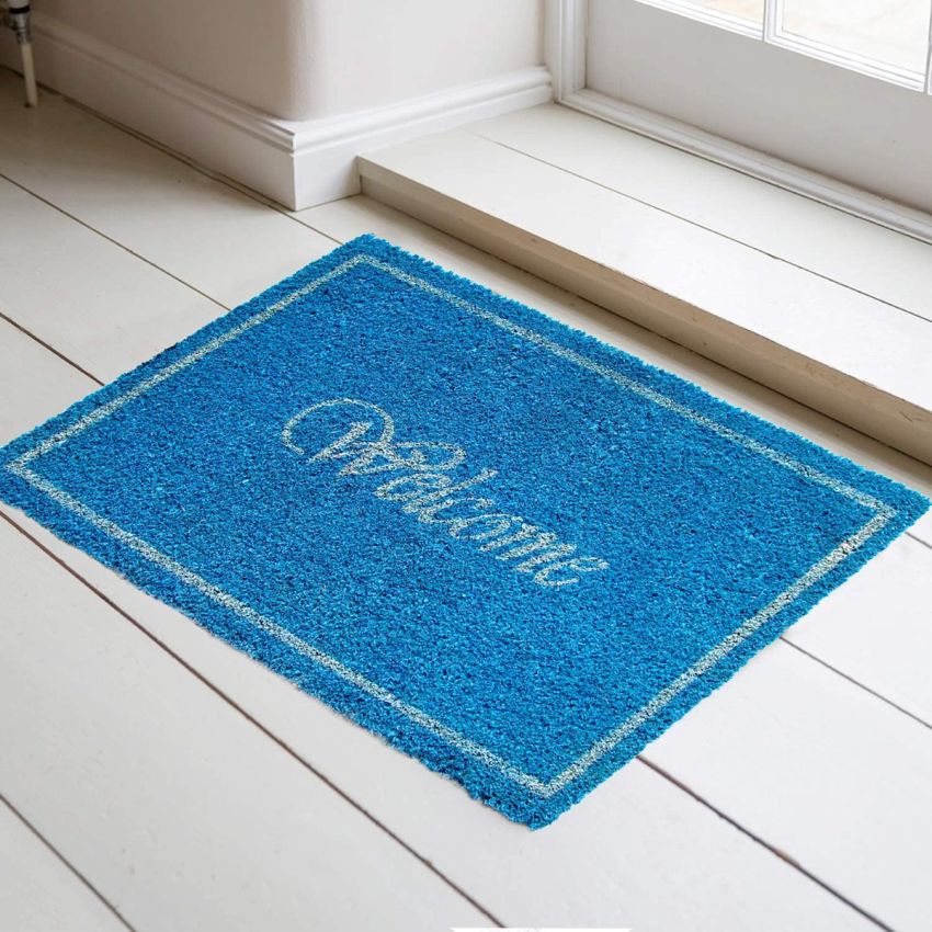 Onlymat Welcome Printed (Light Blue) Anti-Slip Rectangular Doormat Entryway Rug for Outdoor Entrance Home Multipurpose Mats Floor Door Hall Drawing Room Living Room (75cm x 45cm)