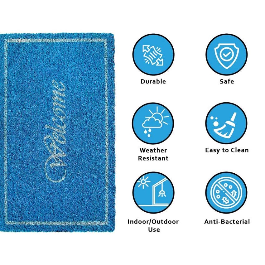 Onlymat Welcome Printed (Light Blue) Anti-Slip Rectangular Doormat Entryway Rug for Outdoor Entrance Home Multipurpose Mats Floor Door Hall Drawing Room Living Room (75cm x 45cm)