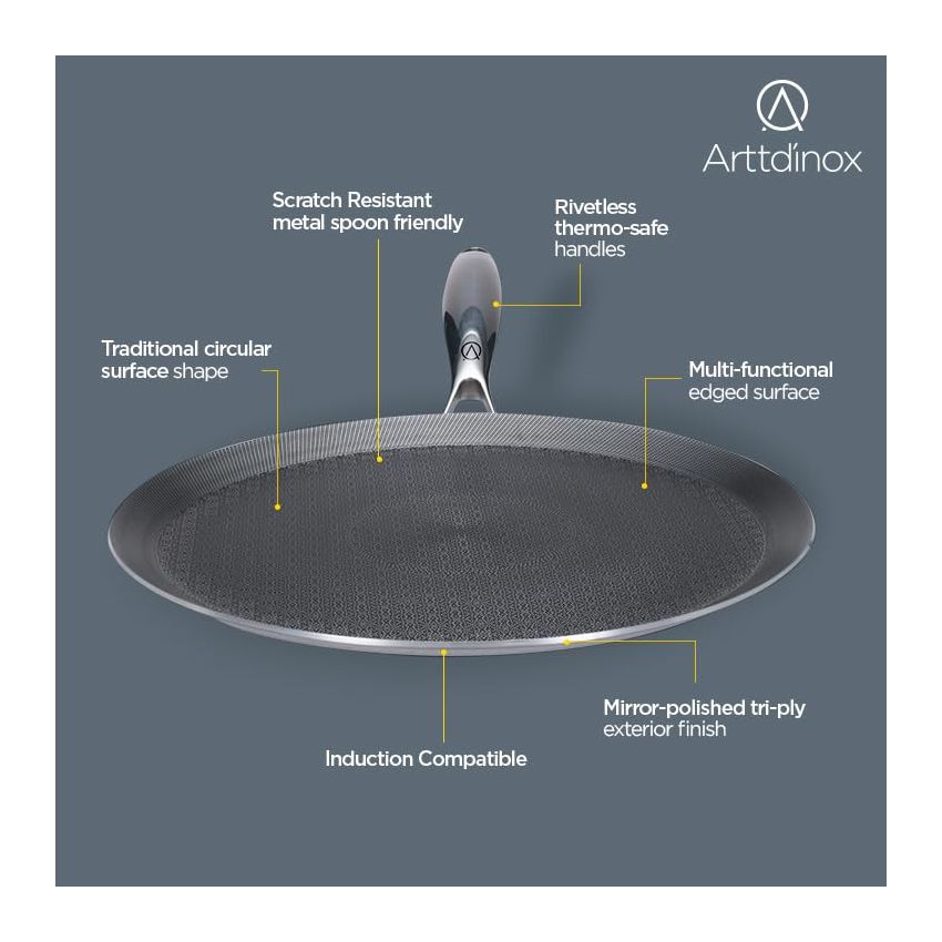 ARTTDINOX Stellar Stainless Steel Triply Non Stick Tawa | 28 cm | Etched nonstick | Rivetless Double Wired Handle | Gas & Induction Base | 7 Yrs Warranty | Jindal Stainless