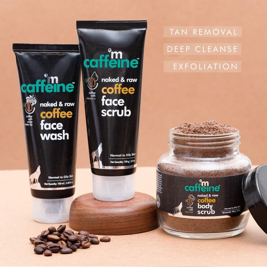 mCaffeine Coffee Tan Removal Regime | Cleanse & Exfoliate Combo | Face Wash, Face Scrub & Body Scrub | For All Skin Types | Home Spa Kit Pack of 3