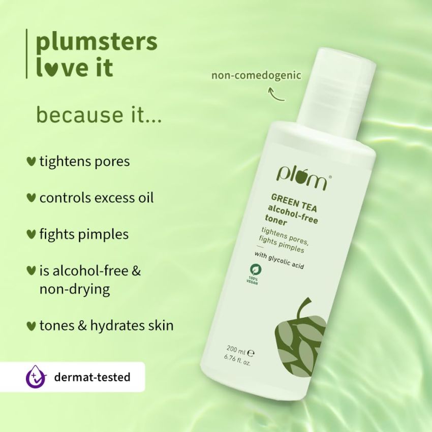 Plum Green Tea Face Toner For Oily, Acne-Prone Skin | With Glycolic Acid | Alcohol-Free | Fights Pimples | Tightens Pores | Controls Oil | Gently Exfoliates Dead Skin Cells | Women & Men | 200ml