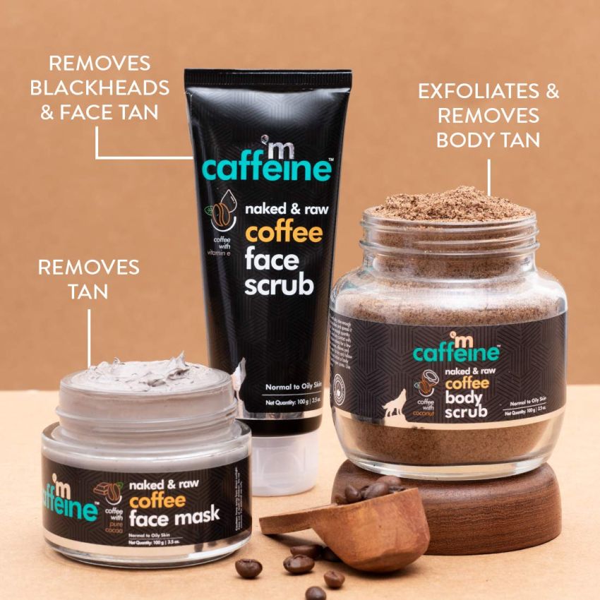 MCaffeine Coffee De-Tan Kit | Exfoliation | Body Scrub, Face Scrub, Face Mask | Oily/Normal Skin | Paraben and Mineral Oil-free