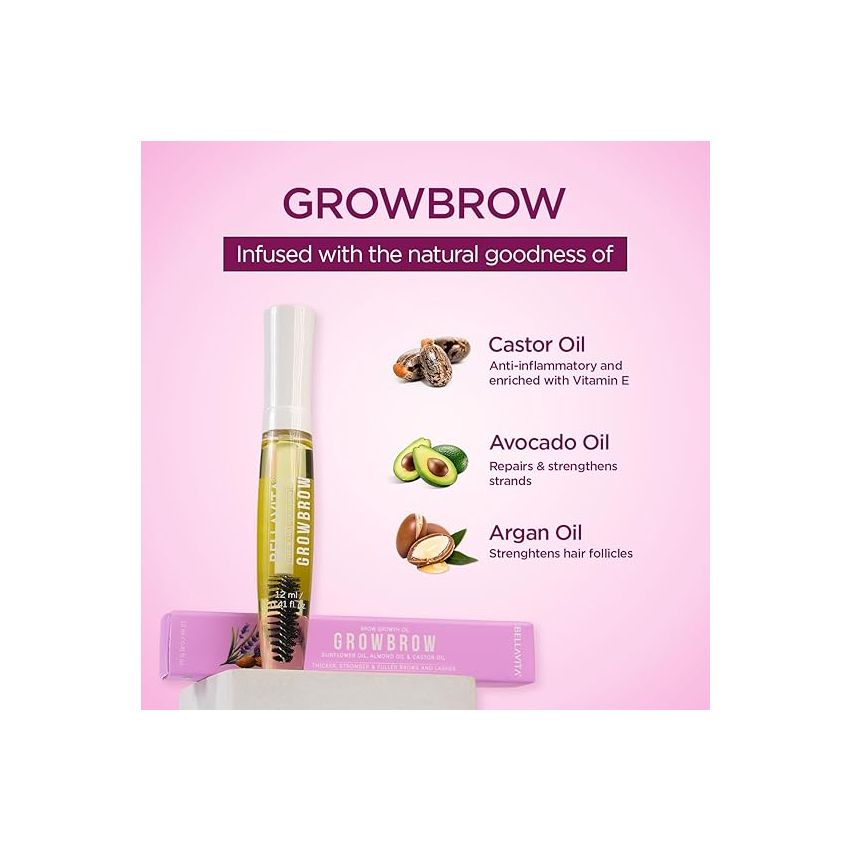 Bella Vita Organic Growbrow - Eyelash, Lashes & Eyebrows Hair Growth & Volume Serum With Castor, Onion Oil & Vitamin E, 12 ML
