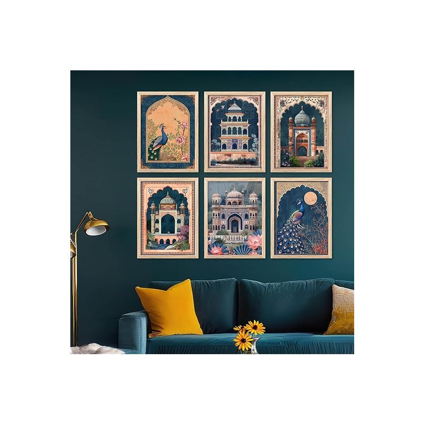 kotart Polystyrene-Traditional Indian Art Pichwai Wall Décor Paintings Madhubani Art Painting With Frame For Living Room|Traditional Wall Poster With Frames Set Of 6(13X17 Inch, F)